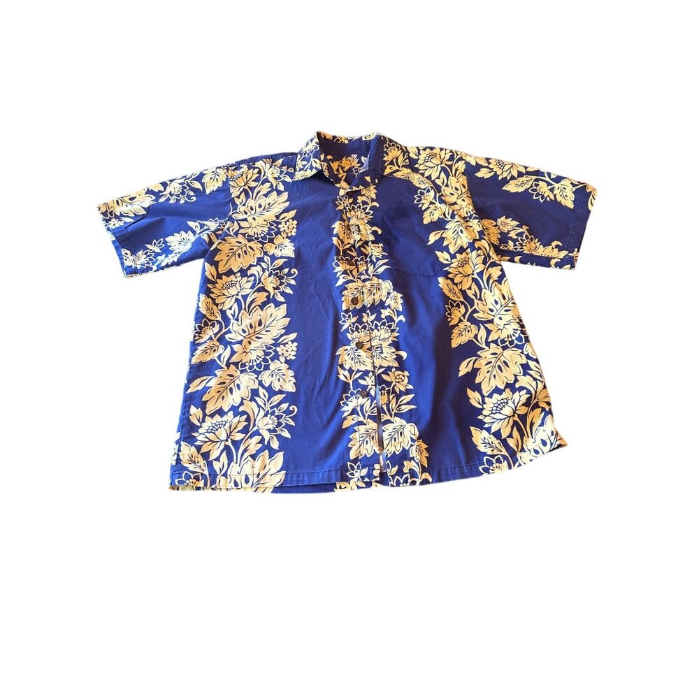 Kane Made In Hawaii Blue & Yellow Floral Hawaiian Shirt‎ L Tropical